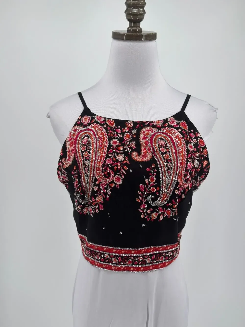 Free People Goa Black Red Pink Paisley Embroidered Lace Up Back Crop Top Sz M